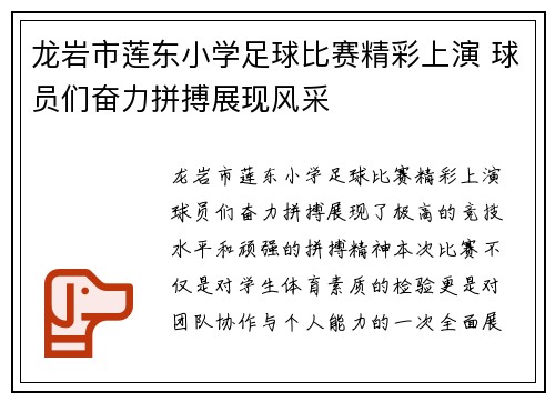 龙岩市莲东小学足球比赛精彩上演 球员们奋力拼搏展现风采