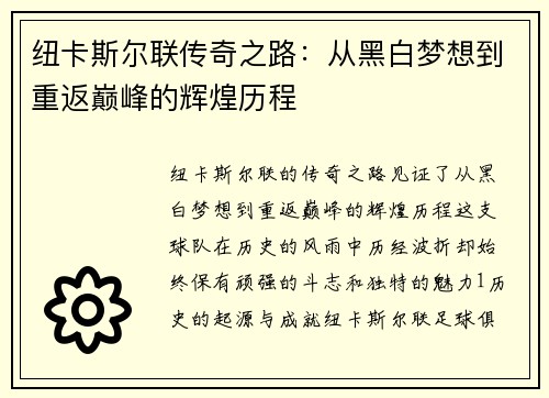 纽卡斯尔联传奇之路：从黑白梦想到重返巅峰的辉煌历程
