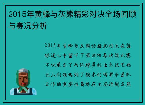 2015年黄蜂与灰熊精彩对决全场回顾与赛况分析
