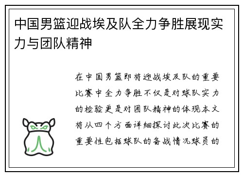 中国男篮迎战埃及队全力争胜展现实力与团队精神