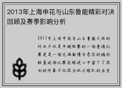 2013年上海申花与山东鲁能精彩对决回顾及赛季影响分析