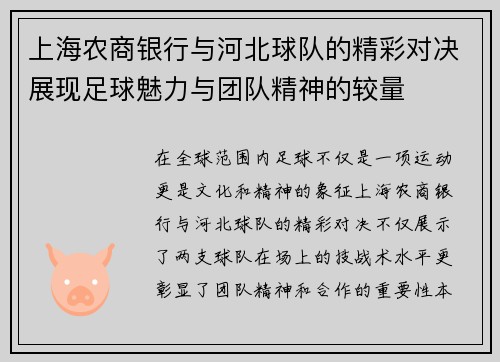 上海农商银行与河北球队的精彩对决展现足球魅力与团队精神的较量