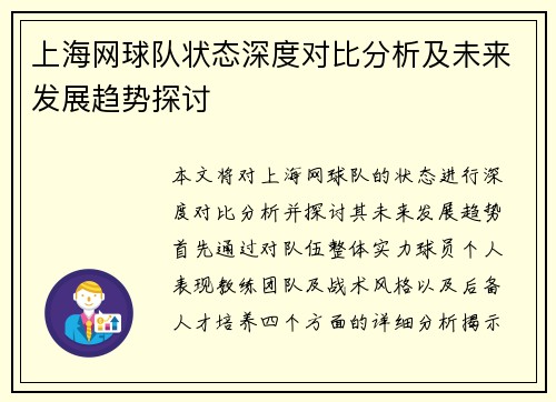 上海网球队状态深度对比分析及未来发展趋势探讨