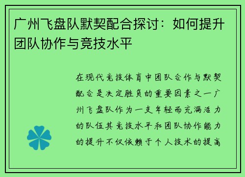 广州飞盘队默契配合探讨：如何提升团队协作与竞技水平
