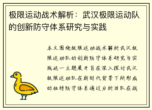 极限运动战术解析：武汉极限运动队的创新防守体系研究与实践